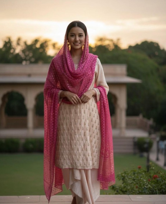 Blush Pink Embroidered Suit with Magenta Dupatta