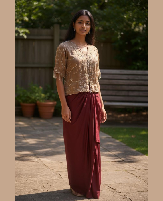 Applique & Zardozi Embroidered Short Shirt with Pure Modal Satin Dhoti Skirt