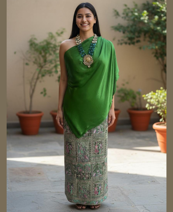 Digital Embroidered Modal Satin Pencil Skirt with Off-Shoulder Cowl Top