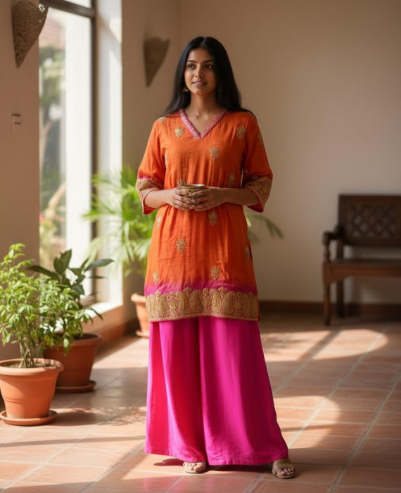 Radiant Orange & Fuchsia Gold-Embroidered Short Kurta Set