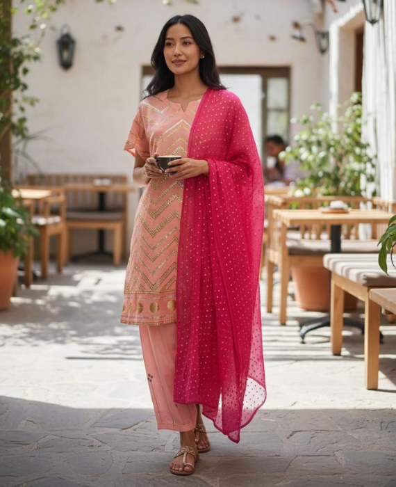 Blush Pink Got semi stitched a Kurta Set with Fuchsia Dupatta