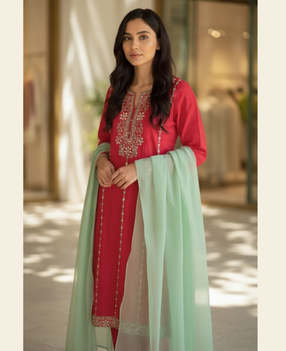 Classic Red Silk Dogri Suit with Gota Embroidery & Sea Green Dupatta
