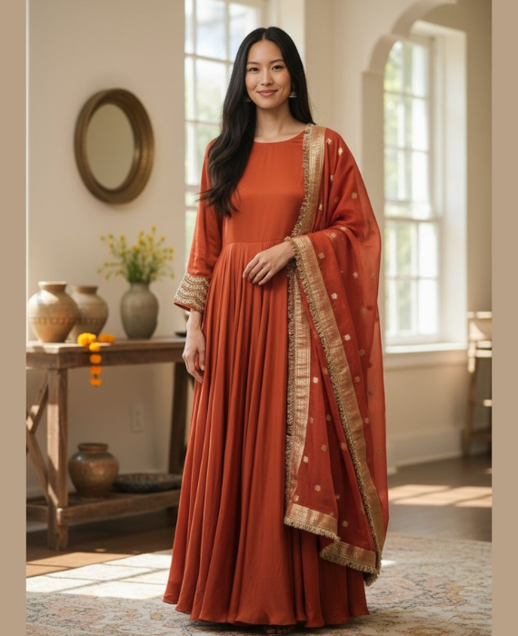 Burnt Orange Satin crepe Anarkali Suit with Embroidered sleeves &Dupatta