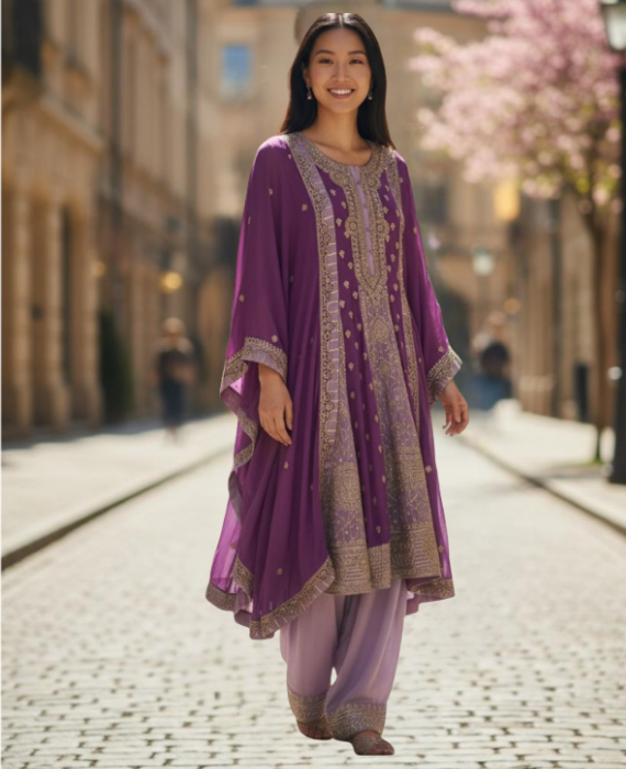 A dual-tone embroidered Anarkali set with golden zari detailing.