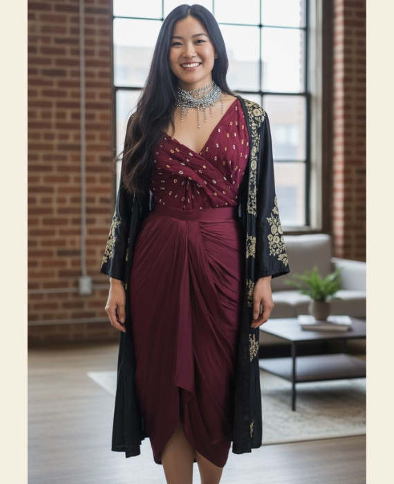 Deep Berry Dhoti Skirt Set with Bandhani Blouse & Jacket