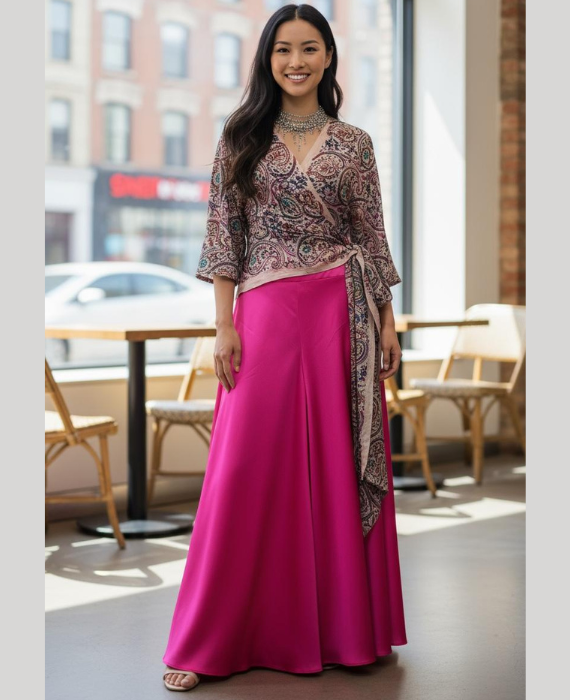 Paisley Wrap Top with Fuchsia Flared Skirt Set