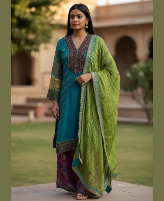 Peacock Blue Elegance Set with Maroon Jacquard & Lime Dupatta