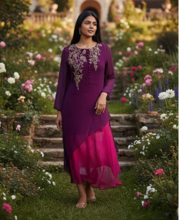 Wine Glow Dual-Tone Asymmetrical Pure Georgette Dress