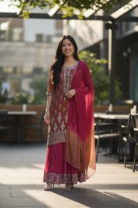 Crimson Aura Chiffon Mirror-Work Semi-Stitched Suit