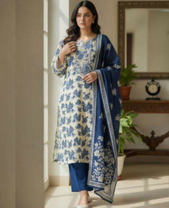 Ivory Blue Floral Pashmina Winter Suit Set