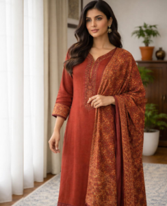 Rust & Maroon Printed Pashmina Winter Suit Set