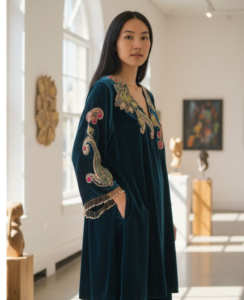 Teal Blue Velvet Appliqué Work Co-ord Set