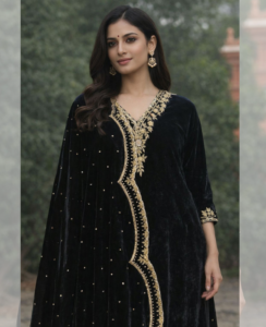 Designer Luxe Velvet Mughal Neckline Outfit
