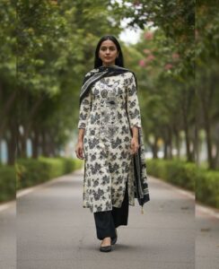 Ivory Black Floral Pashmina Winter Suit Set